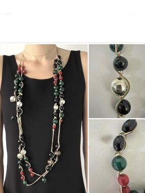 🎁 Long necklace duo / red green gold black mix big beads / macrame & gold linked